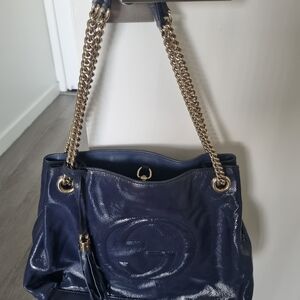 Designer-Inspired Navy Patent Leather Shoulder Bag with Gold Chain